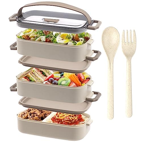 Image of OITUGG Lunch box - Premium 3 Layer Bento Lunch Box for Adults Work - 2200ml Lunchbox with Cutlery and 3 Pcs Compartment Adjustable, leak-proof, BPA-Free, Microwaveable, 19.5 x 11.2 x 15cm, Beige