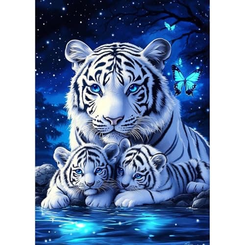 Image of TOSTOG Diamond Painting Kits for Adults,White Tiger Family 5D DIY Diamond Art Kit Full Drill Diamond Crystal Rhinestone Arts and Crafts Picture for Home Wall Decor 30x40cm