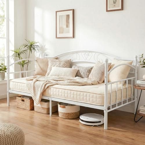 Image of COSTWAY Metal Day Bed Frame, 3FT Single Sofa Bed Base Guest Platform Daybed with Headboard, Metal Slats Support Mattress Foundation for Living Room Bedroom, No Box Spring Needed, 197 x 97cm (White)
