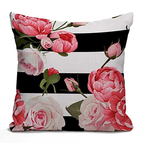 Image of Tomda Cushion Cover Colorful Floral Peony and Roses Black and White Stripes Flowered Pink Abstract Decorative Throw Pillow Cover Pillow Case Home Decor Square 45x45cm 18x18 Inch Pillowcase