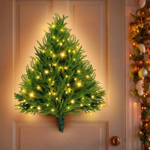 Image of ElectricWise 2FT Wall Hanging Christmas Tree with Led Lights, Pre lit Norfolk Pine Artificial Flat Wall Christmas Tree for Apartment, Cat Owners Xmas Decor