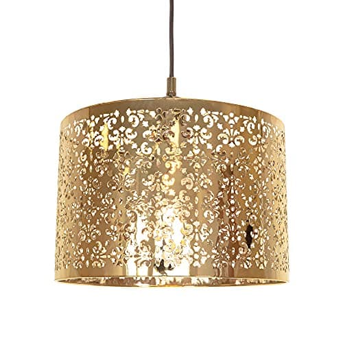 Image of Unique Moroccan Designed Shiny Gold Metal Circular Pendant Light Shade with Floral Decor | 30cm Diameter | Maximum 60watt Bulb Allowed by Happy Homewares