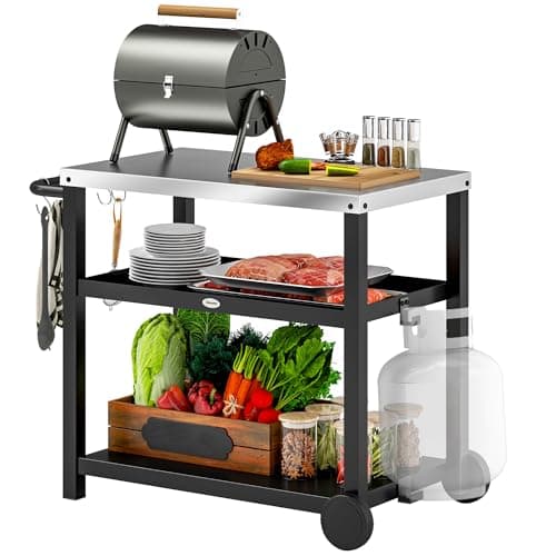 Image of Outsunny Outdoor Grill Dining Cart 3-Shelf Movable Pizza Oven Table Stand with Stainless Steel Top, Portable BBQ Trolley Food Prep Outdoor Kitchen BBQ Station with Hooks Wheels Handle, Charcoal Grey