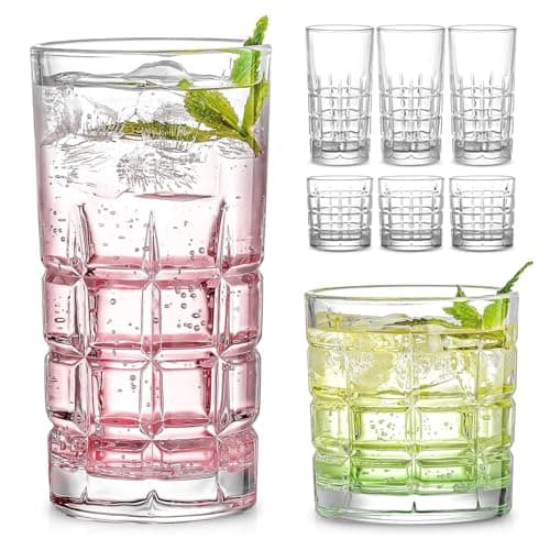 Image of Gikisla Bulk Drinking Glasses Set of 6, 15 oz Large Highball Water Glasses & 11 oz Wine Glasses Set, Kitchen Water Glasses Cup, Bar Tumbler Glassware Set for Christmas Parties, Whiskey, Juice