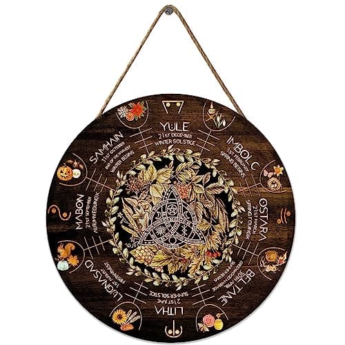 Image of Wheel of the Year Wooden Sabbat Sign - Wiccan Holidays, Yule Altar, Celestial Sign - Vintage Christmas & Halloween Decor - 12x12 Inch