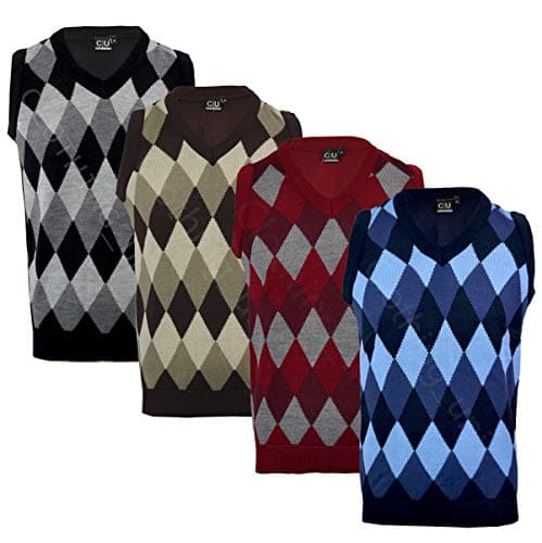 Image of ClothingUnit Mens Argyle V Neck Sleeveless Sweater Jumper Tank Top Jersey Golf Casual S-XXL (XL, Blue)