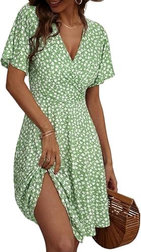 Image of Zeagoo Women's Summer Dresses Short Sleeve V-Neck Dress Floral Wrap Sundress Ruffle Sleeve A-Line Dress with Pockets Green Floral L