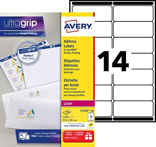 Image of Avery JamFREE, Printable, Address Labels, Customisable, 99.1 x 38.1 mm, White, 14 Labels per Sheet, 1400 Blank Labels per Pack (L7163-100)