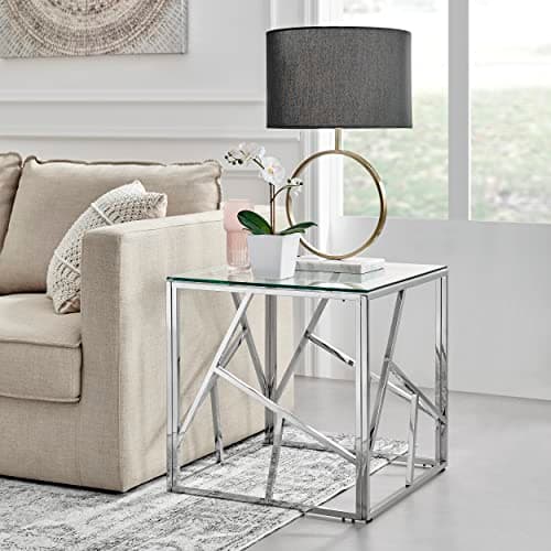 Image of Furniturebox UK Side Table - Amalfi Silver Chrome Metal Table - Square Clear Glass & Silver Chrome Table - Abstract Pattern - A Modern Glam Side End Table - Sleek, Chic, Bright & Airy