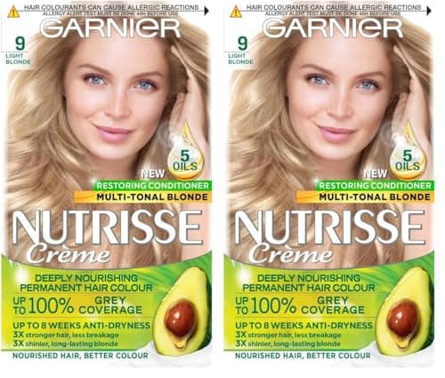 Image of Garnier Nutrisse Permanent Hair Dye, Natural-looking, hair colour result, For All Hair Types, 9 Light Blonde (Packaging may vary) (Pack of 2)