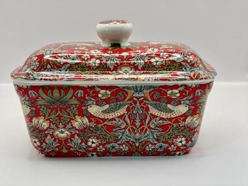 Image of fine Bone China William Morris Red Strawberry Thief Butter Dish with lid