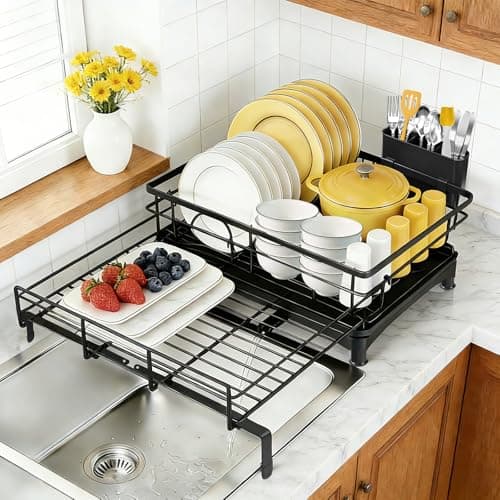Image of FODYNE Expandable Dish Drying Rack with Drainboard, Over-the-Sink Dish Drainer for Countertop, Rust-Resistant Steel Dish Rack with Utensil Holder & Cup Holders