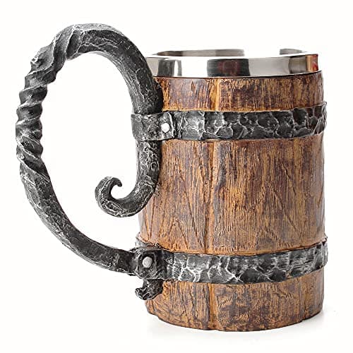 Image of Otartu Vintage Faux Oak Wood Beer Mug, Medieval Retro Viking Stainless Steel Coffee Cup Stein Tankard,17oz/500ML Cup Mug,Unique Gift