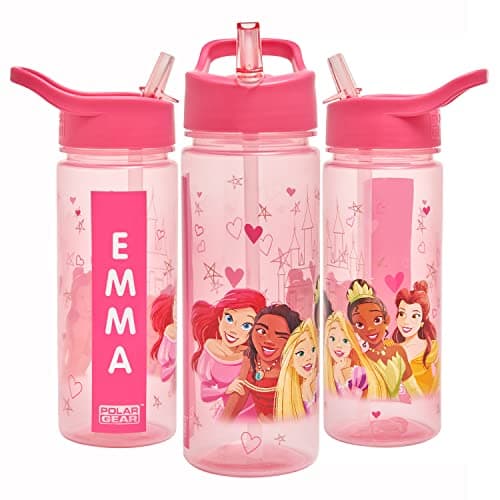 Image of Disney Princess Personalised Sticker Water Bottle with Straw 500ml–Official Merchandise by Polar Gear, Kids Reusable Non Spill BPA Free Tritan – Ideal For School Nursery Sports Picnic - Pink