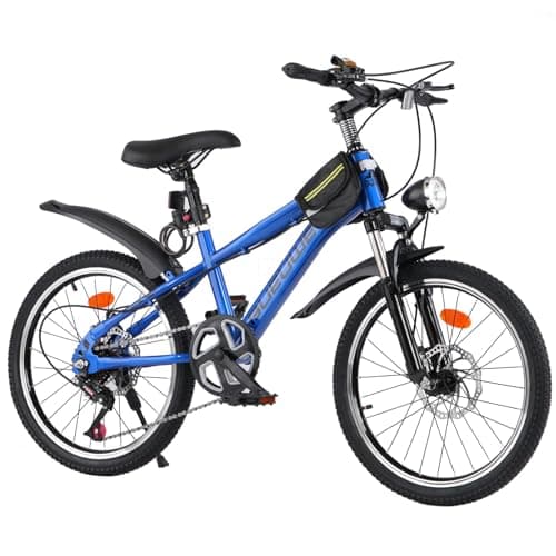 Image of LNRLZYLS Kids Bike for Boys & Girls Ages 7–12, 20/24 Inch Mountain Bicycle with 7-Speed Gear, Dual Disc Brakes, Suspension Fork, LED Headlight – Youth Bike for Outdoor Riding (Blue, 20 inch)