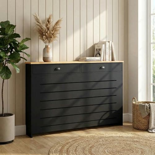 Image of DuraTherm® Radiator Cover Black Painted MDF Cabinet Horizontal Slat Storage Drawers & Shelf, Radiator Furniture Cabinets for Office Hallway Living Room Bedroom, Medium (H: 96cm / W: 111.5cm / D: 19cm)