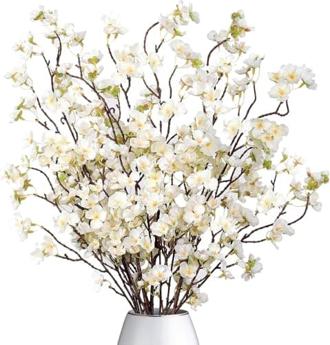 Image of Dremisland 4PCS Artificial Cherry Blossom Branches White Plum Blossom 39.3in Fake Flowers Tree Stems Silk floral Plants Desk Spring Decoration for Wedding Bouquets Party Table Vase