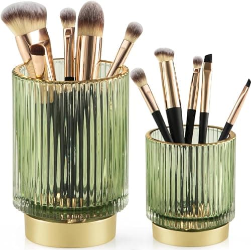 Image of BTGGG Makeup Brush Holder 2 Pack Glass Cosmetic Makeup Brush Organiser for Vanity, Eyeliners, Eyebrow Pencil, Bathroom Toothbrush Holder, Office Storage Cup Desk Pen Holder, Crystal Green (S+L)