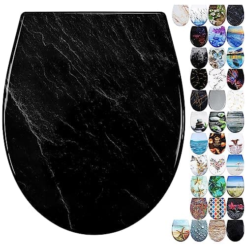 Image of Fanmitrk Duroplast Soft Close Toilet Seat-Quick Release Toilet Seats with Top Fixing,Black Marble,Easy fit Easy Clean(81924