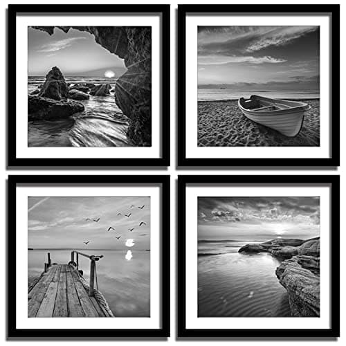 Image of Black And White Wall Art - Sea And Beach In Sunrise Prints Wooden Framed 12x12 Inches Pictures Seascape Artwork 4PCS Boat Scenery Card Paper Paintings Decorations for Bedroom Living Room Kitchen Decor