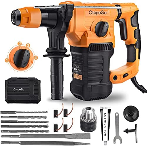 Image of SDS-Plus 1500W Heavy Duty Rotary Hammer Drill 1-1/4 Inch 32MM, Safety Clutch 4 Functions with Vibration Control Including Grease, Chisels and Drill Bits with Case