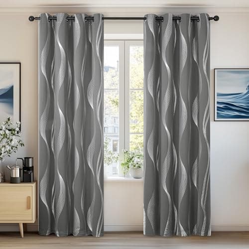 Image of Deconovo Grey Blackout Curtains for Living Room 72 Drop Silver Wave Line Foil Printed Blackout Curtains Thermal Insulated Curtains Eyelet Curtains for Baby Nursery 46 x 72 Inch Light Grey Two Panels