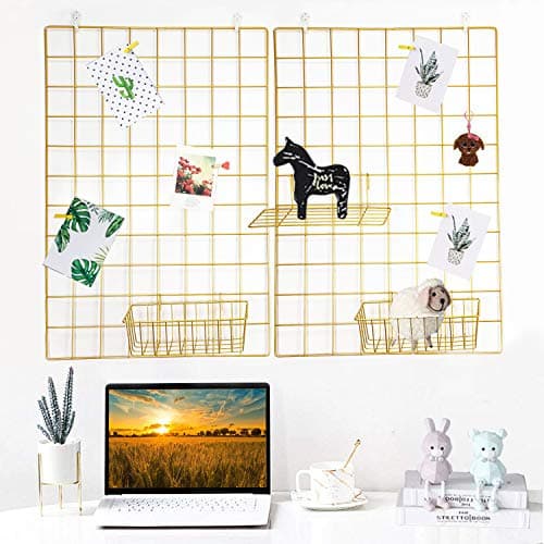 Image of GBYAN 2 Pack Wall Grid Panel with Clips Hanging Photo Display Shelf Wire Notice Board Metal Grid Rack Art Organizer Home, Office & Kitchen Décor Mesh Picture Board