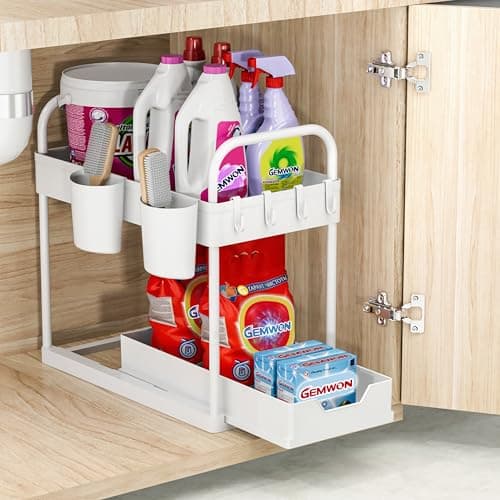 Image of GEMWON Under Sink Storage Kitchen Organiser, 2 Tier Sliding Kitchen Storage Under Sink Shelf, Multi-Purpose Organisation for Bathroom, Bottom Slide Out Basket White