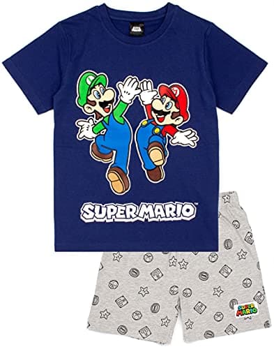 Image of Super Mario Pyjamas Boys Shorts | Nintendo Kids Blue OR Red Short PJs | Luigi Mario T Shirt & Bottoms Nightwear Game Merchandise 5-6 Years