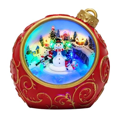 Image of Musical Christmas Village Decorations with Rotating Train and Lights, Auto 6H Timer and Volume Control, USB-C/Battery Powered LED Christmas Tree Ornament (Christmas Ball Rotating Skiing Snowman)