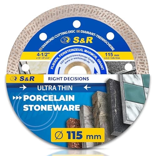 Image of S&R 115mm Turbo Diamond Cutting Disc – Super Thin 1.5mm Edge | For Tiles, Porcelain Stoneware, Marble & Granite | 115 x 1.2 x 10 x 22.2/20/15.88 mm | Angle Grinder Blade