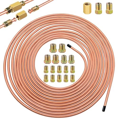 Image of mxuteuk 3/16 Inch x 25 ft Brake Line Tubing Kit Flexible Copper Coated Alloy Brake Line Tubing Coil with 18 Inverted Flare Fittings and 1 Unions SAE Standard