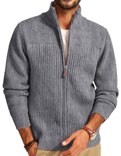 Image of PJ PAUL JONES Mens Knitted Cardigan Full Zip up Ribbed Stand Collar Warm Sweaters Winter Jacket S Dark Gray