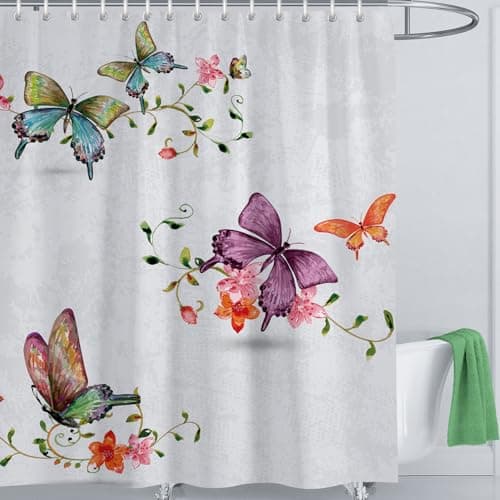 Image of LIVETTY Shower Curtains White Shower Curtain Butterfly Shower Curtains 180x200 cm With 12 Hooks Washable Quick-Drying Curtains
