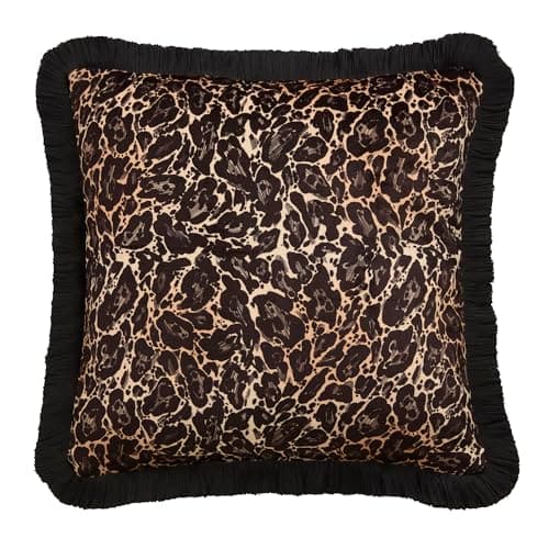Image of Laurence Llewelyn-Bowen Velvet Filled Cushion, Leopard Print, Decorative Throw Pillow, 1 Piece, 43 x 43 cm, Gold, Recycled Polyester, Square, Black Fringed Edge