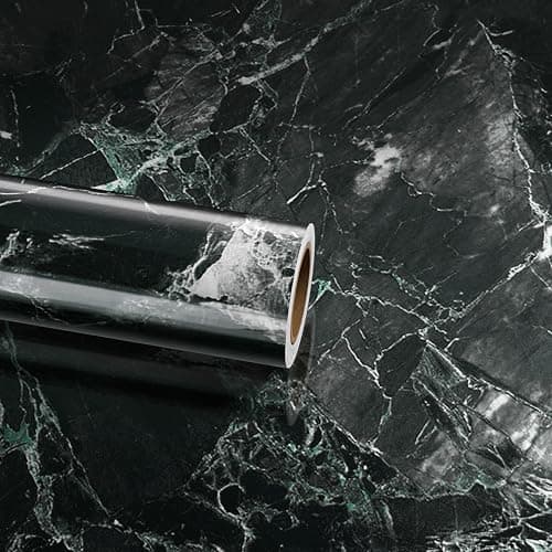 Image of ReWallpaper Marble Vinyl Wrap Black Self Adhesive Sticky Back Plastic Cracked Emerald Green Glossy 40CMx3M Thick Contact Paper for Furniture Kitchen Countertops Black and Green Marble Wallpaper