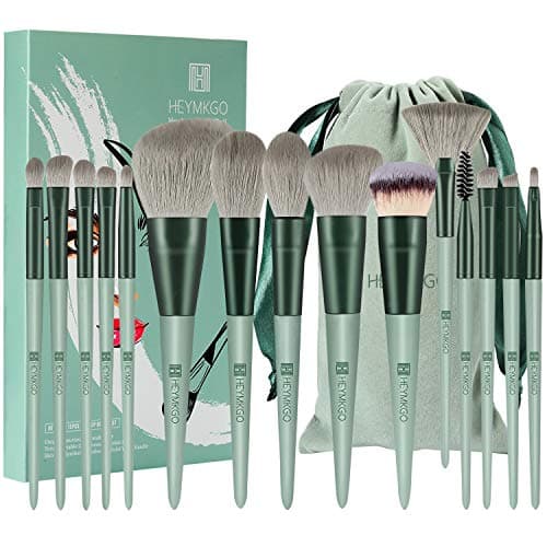 Image of Makeup Brushes HEYMKGO 15pcs Premium Synthetic Bristles Green Conical Handle Kabuki Foundation Brush Makeup Sets Professional Portable Flannel Bag