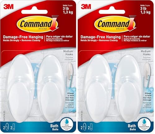 Image of Command Medium Bath Hooks with Water Resistant Strips - 2 Medium Hooks and 2 Adhesive Strips - Hang Towels, Robes and Other Bathroom Accessories - No Nails, No Holes, No Drilling (Pack of 2)
