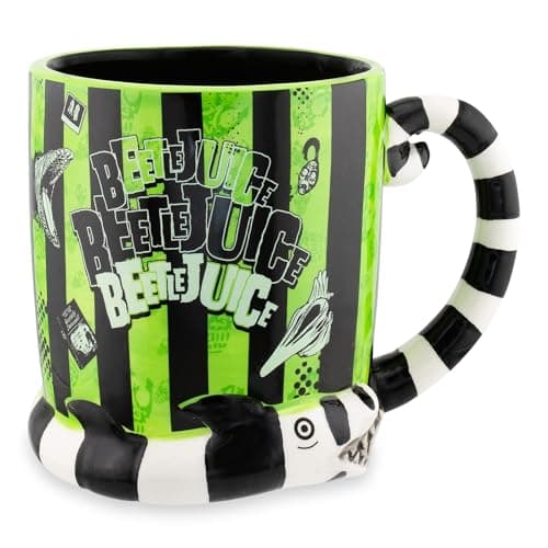 Image of Silver Buffalo WBH2213D Beetlejuice Stripes and Names Boxed Ceramic 3D Sculpted Mug, Green/Black