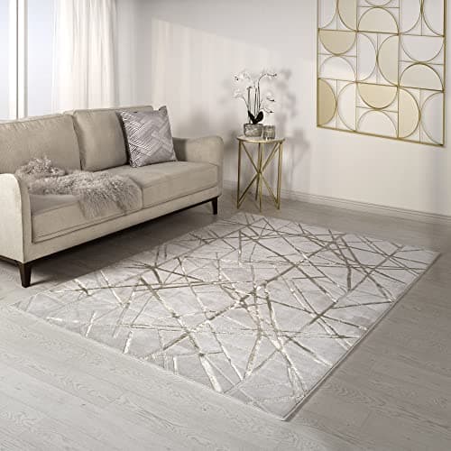 Image of Lord of Rugs Aurora Mica AU13 Geometric Stripes Shiny Metallic Beige Gold Rug (160x230cm (5'3"x7'7"))