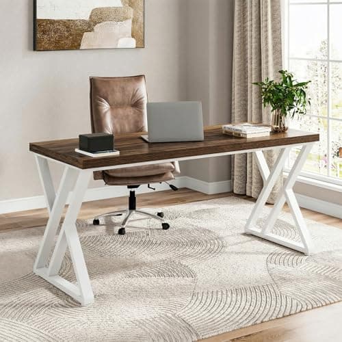 Image of Tribesigns 140cm Rustic Computer Desk – Industrial Home Office Desk, Farmhouse Style Writing Desk with Z-Shaped Metal Legs, Executive PC Gaming Workstation for Bedroom, Walnut White