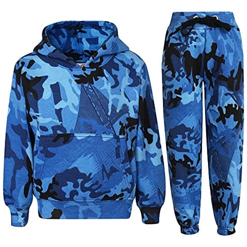 Image of Kids Girls Boys Plain Tracksuit Hooded Hoodie Jog Suit - T.S Plain 105 Camo Blue 7-8