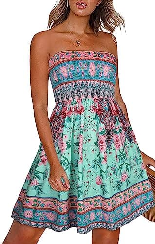 Image of florynova Summer Dresses for Women Beach Coverups Strapless Casual Sleeveless Sundress（Green Pink Boho，S