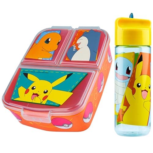 Image of Pokemon Lunch Box Set for Kids Multiple Snack Compartments and Water Bottle Pikachu Anime School Supplies Day Trips Holidays