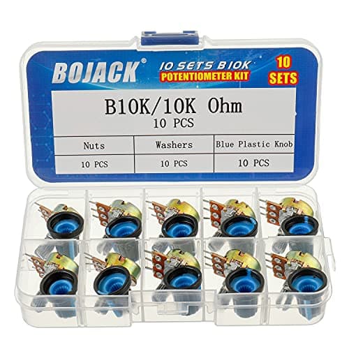 Image of BOJACK 10 Sets B10K Knurled Shaft 3 Terminals Linear Taper Rotary Potentiometer(WH148)10K Ohm Single Turn Carbon Film Variable Resistor with Blue Plastic Knobs Kit