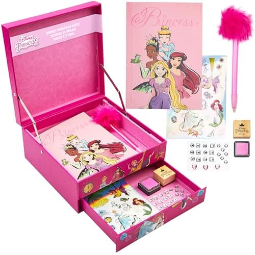 Image of Disney Stitch Notebook Stationery Set Kids Teens Diary DIY Journal Kit with Gem Stickers Pen Stamp Craft Set Writing Drawing Stitch Gifts for Girls (Pink Princesses)