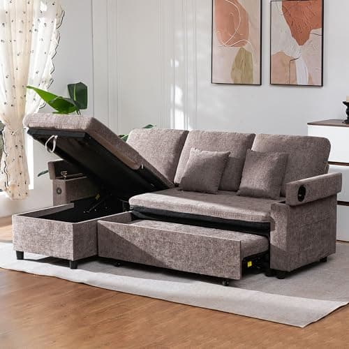 Image of MAXYOYO Corner Sofa Bed with Storage, Pull Out Sectional Sofa Bed with Left/Right Convertible Launge, USB, Cup Holder, Linen Fabric for Living Room Apartment