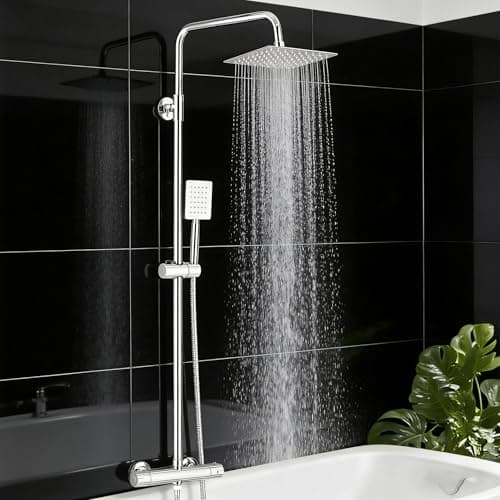 Image of Bathroom Thermostatic Shower Mixer Set Handheld Shower and with Adjustable 8" Overhead Rainfall Shower Head Shower System for Bathroom,Wall Mounted Bar Mixer Shower Chrome Finish
