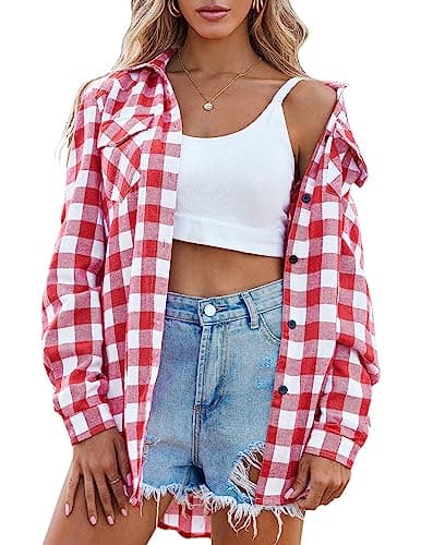 Image of Zeagoo Women's Checked Button Down Shirts Long Sleeve Blouse Tops Plaid Shirt for Women with Pocket Watermelon Red L
