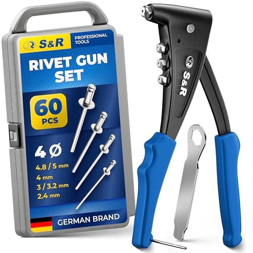 Image of S&R Professional Rivet Gun Kit with 60 Rivets – Heavy-Duty Hand Riveter for Aluminum, Steel & Stainless Steel | 4 Nozzles, Wrench & Storage Box